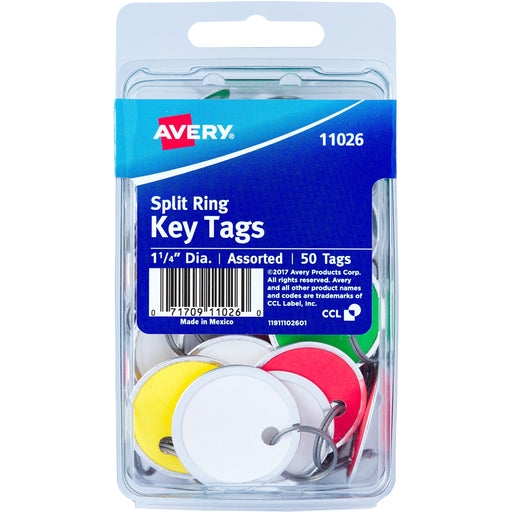 Avery(R) Metal Rim Key Tags, 1-1/4" Diameter Tag, Metal Split Ring, Assorted Colors, 50 Tags (11026)