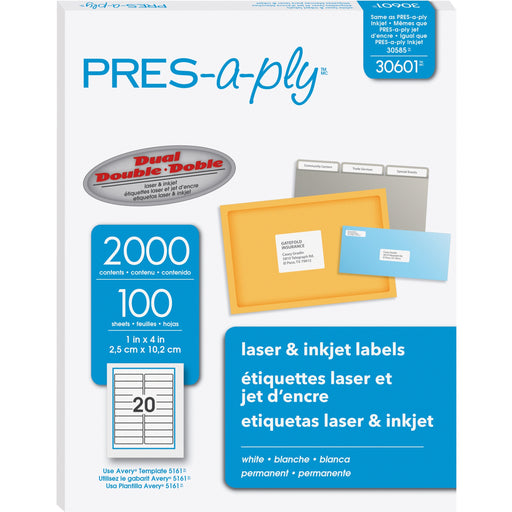 PRES-a-ply White Labels, 1" x 4" , Permanent-Adhesive, 20-up, 2000 labels