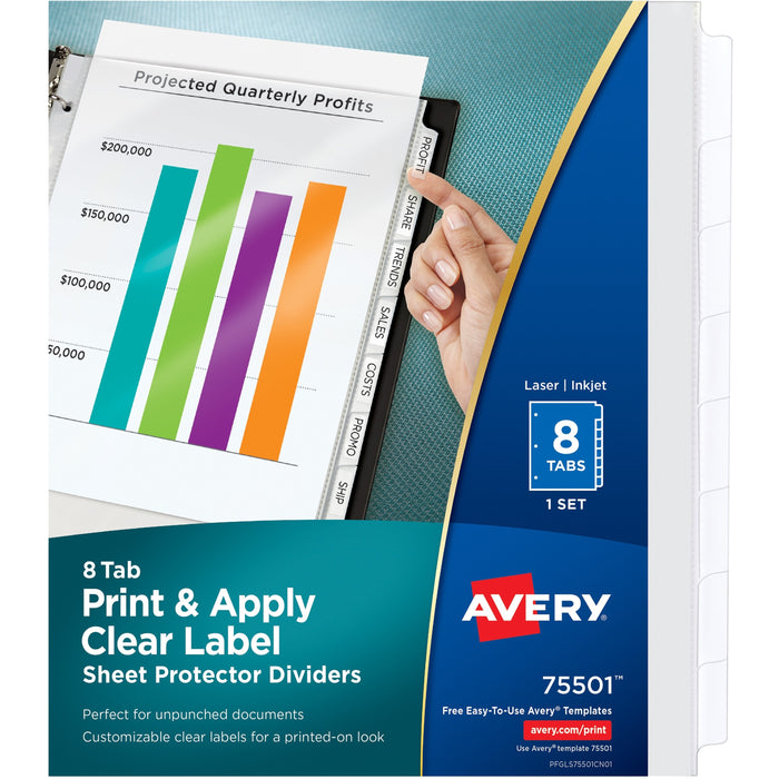 Avery® Print & Apply Clear Label Sheet Protector Dividers, 8 White Tabs