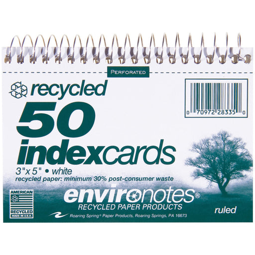 Roaring Spring Environotes Ruled Lined Perforated Spiralbound Recycled Index Cards, 5" x 3.5" 50 Cards, White